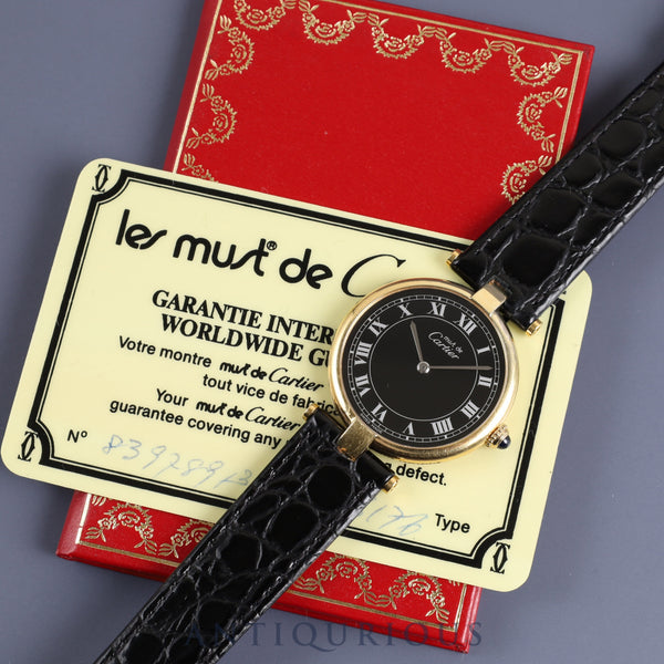 カルティエマスト ヴァンドーム VLC LM 83978913 クォーツ SV925 革 純正尾錠(GP) ブラックローマン文字盤 保証書(1987年) カルティエブティックにてコンプリートサービス(フルメンテナンス)済み