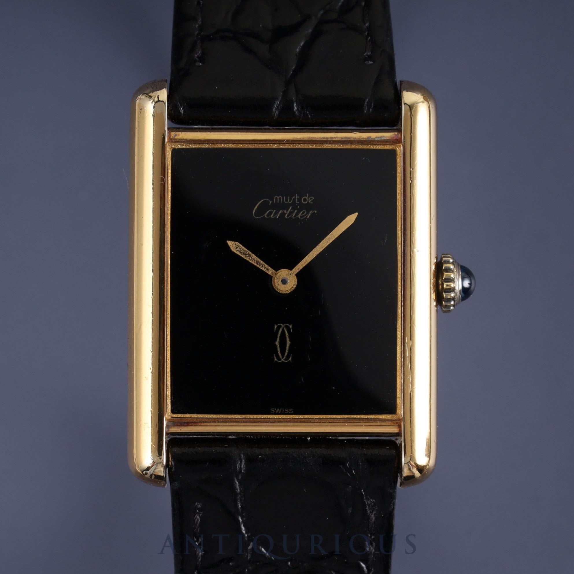 カルティエ マストタンク LM 手巻き Cal.78-1 SV925 革 純正尾錠(GP) ブラックオニキス文字盤 オーバーホール済み
