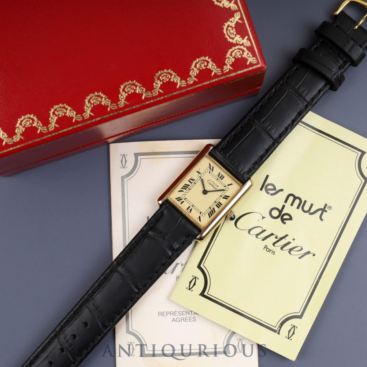 Cartier Must Tank LM Manual winding Cal.78-1 SV925 Leather Genuine buckle (GP) Ivory Roman dial Box Booklet Overhauled