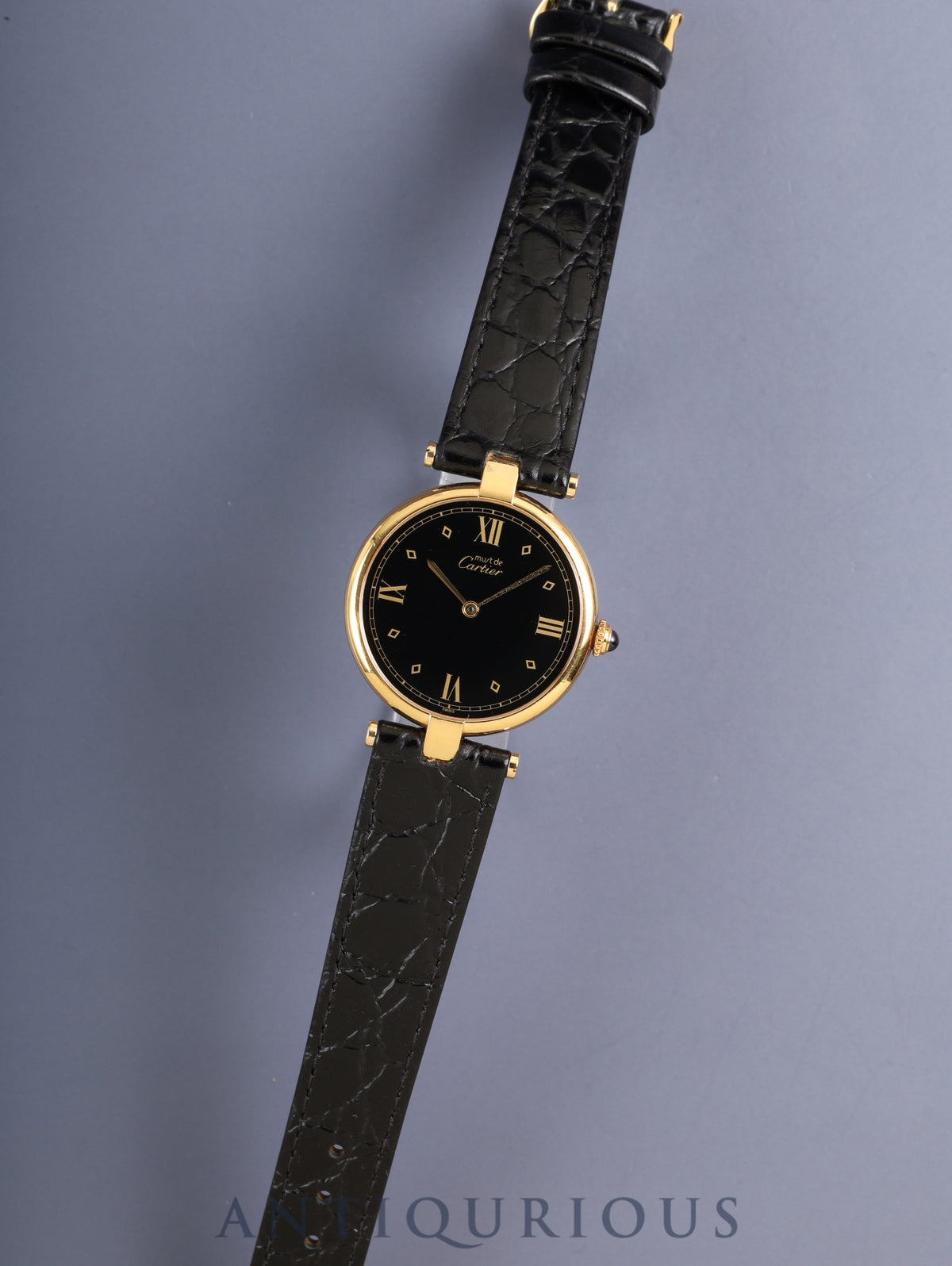 Cartier Must Vendôme VLC LM 590003 Quartz Caliber 90 SV925 Leather Strap with Genuine GP Buckle, Black Roman Dial, Overhauled