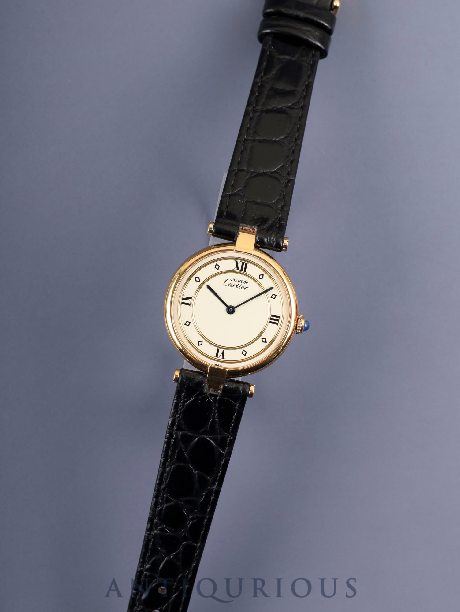 Cartier Must Vendome VLC LM 590003 Quartz Cal.90 SV925 Leather Original Pin Buckle (GP) Ivory 4-Point Roman Dial (SWISS marking) Box, Booklets, Warranty Card (1990) Overhauled