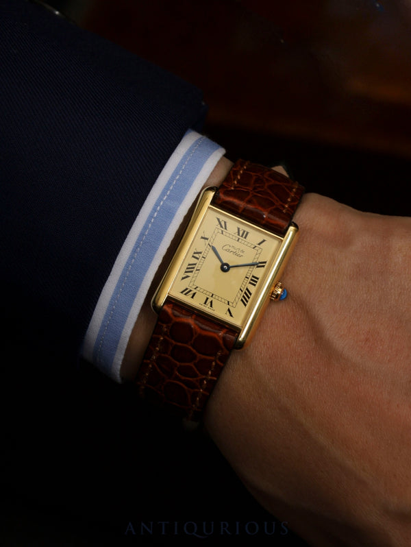 Cartier Must Tank LM 590005 Quartz Caliber 690 SV925 Leather Strap with Genuine GP Buckle Ivory Roman Dial (SWISS MADE Marking) Overhauled and Finished to Like New