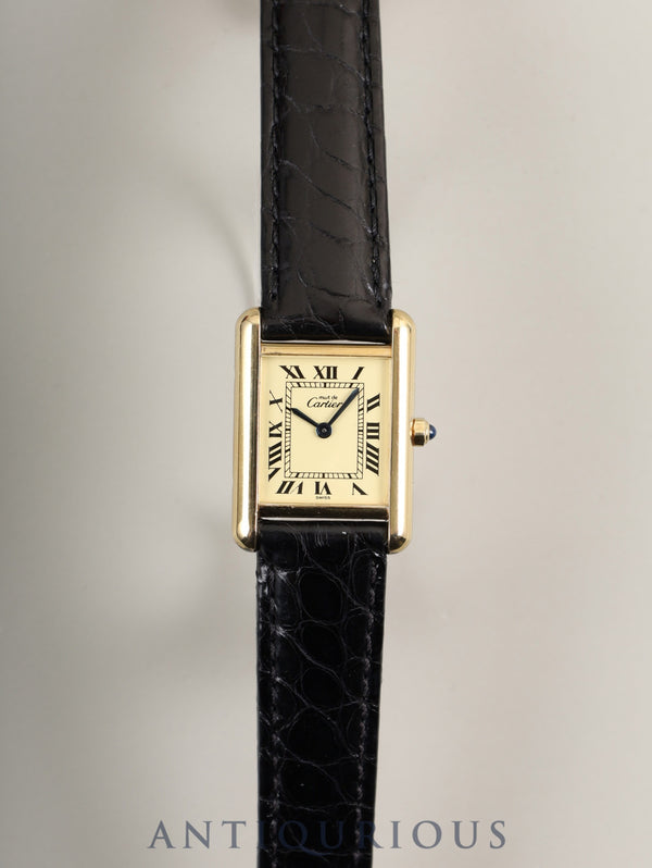 Cartier Must Tank SM 366001 Quartz Caliber 66 SV925 Leather Strap with Genuine D-Clock Buckle (GP) Ivory Roman Dial Overhauled