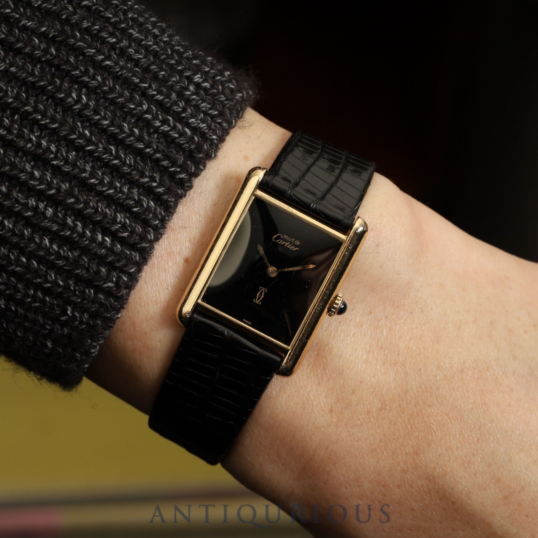 Cartier Must Tank LM Manual Winding Caliber 78-1 SV925 Leather Strap with Genuine GP Buckle, Onyx Dial, Circa 1976-1981, Overhauled