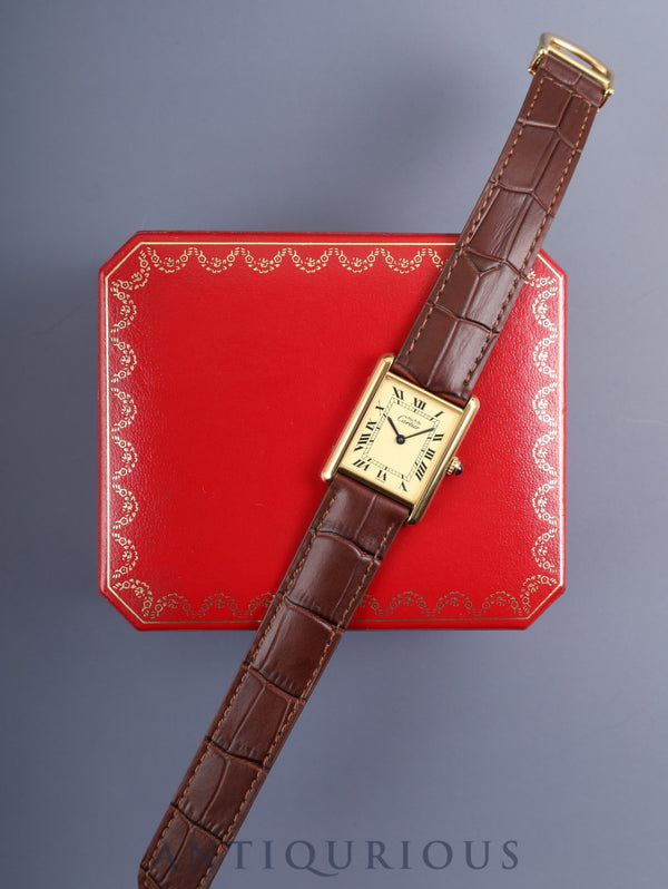 Cartier Must Tank LM W1002754 / 590005 Quartz Caliber 90 SV925 Leather Strap with Genuine D-buckle (GP) Ivory Roman Dial (SWISS Marking) Circa 1982-1995 Box Overhauled