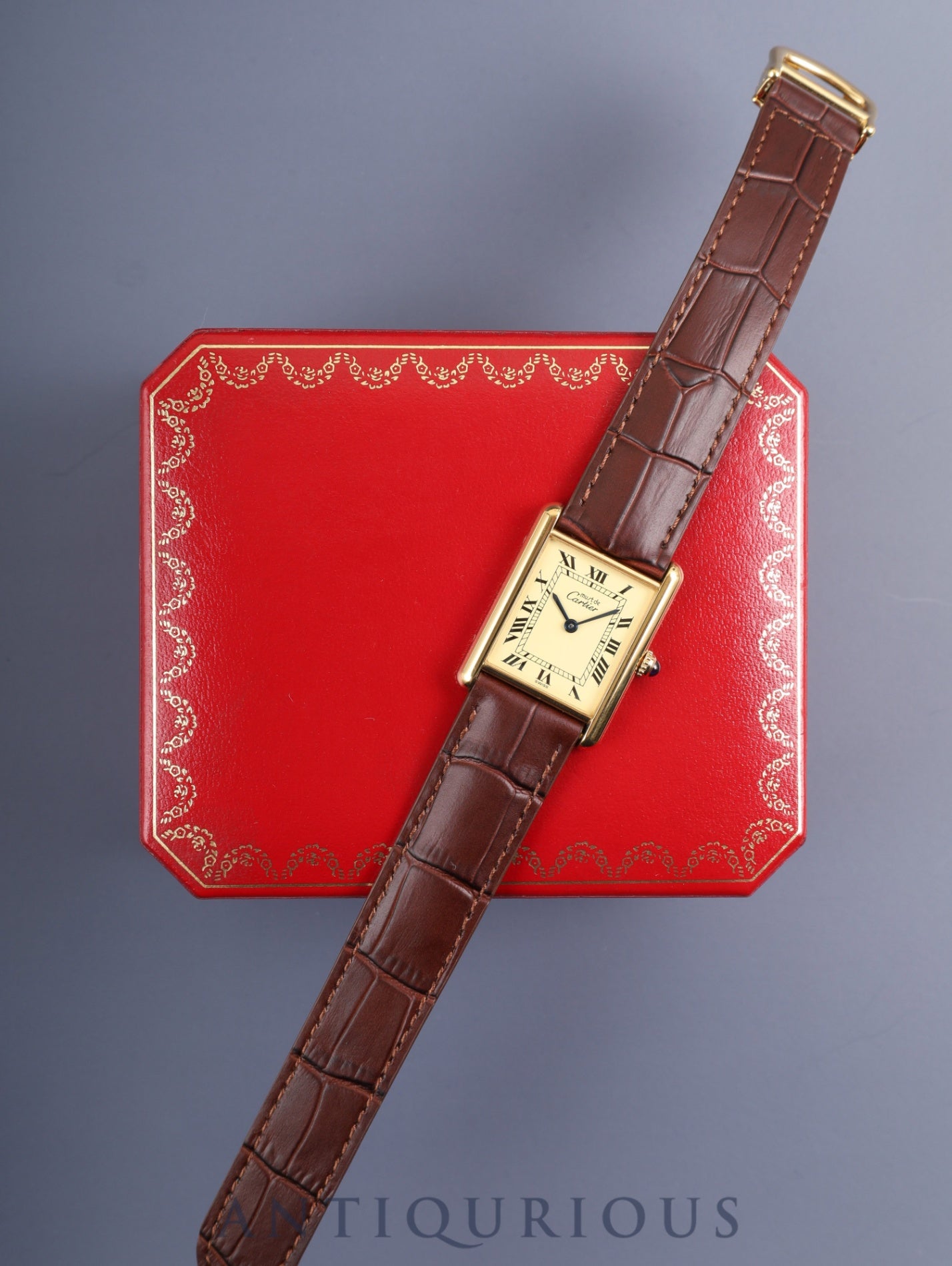Cartier Must Tank LM W1002754 / 590005 Quartz Caliber 90 SV925 Leather Strap with Genuine D-buckle (GP) Ivory Roman Dial (SWISS Marking) Circa 1982-1995 Box Overhauled