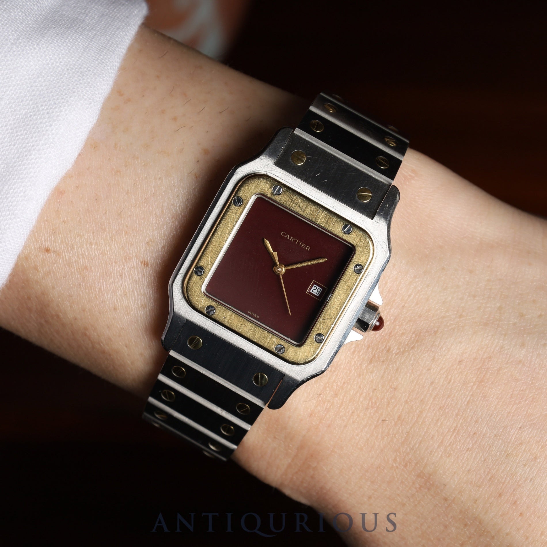 Cartier Santos Galbee LM 2961 Automatic Caliber 2671 Stainless Steel/Yellow Gold with Garnet and Bordeaux Dials, Overhauled