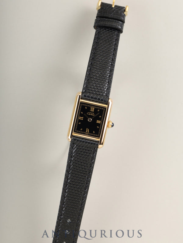 Cartier Must Tank SM 557051 Quartz Caliber 057 SV925 Leather Strap with Genuine GP Buckle, Black Roman Dial (SWISS Marking), Overhauled