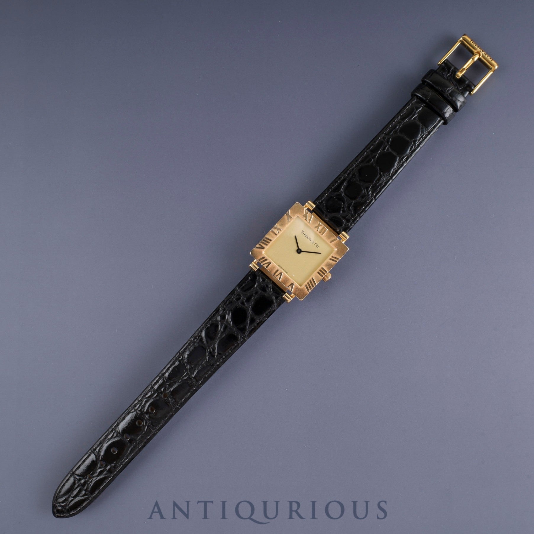 ティファニー アトラススクエア T976 001 L3630 クォーツ Cal.976.001 750 革 純正尾錠(GP) ゴールド文字盤 箱 ケース 冊子 保証書(1996年)オーバーホール済み