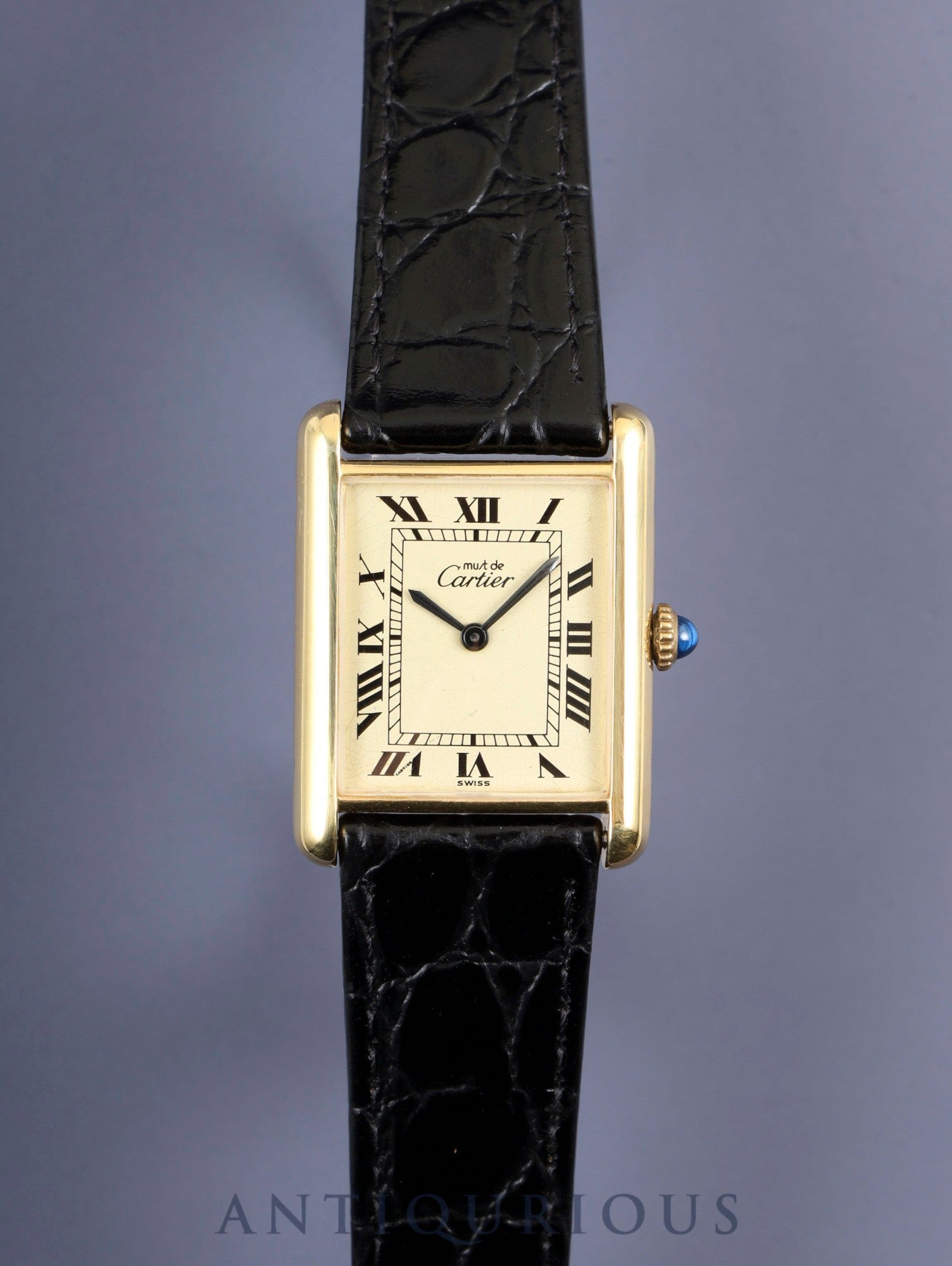 Cartier Must Tank LM, manual winding, Cal. 78-1, SV925, leather, genuine buckle (GP), ivory Roman dial, circa 1976-1981, overhauled and refinished to new condition.