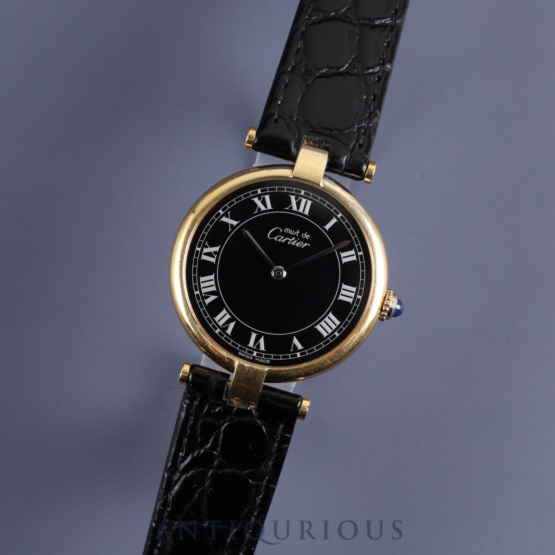カルティエマスト ヴァンドーム VLC LM 83978913 クォーツ SV925 革 純正尾錠(GP) ブラックローマン文字盤 保証書(1987年) カルティエブティックにてコンプリートサービス(フルメンテナンス)済み