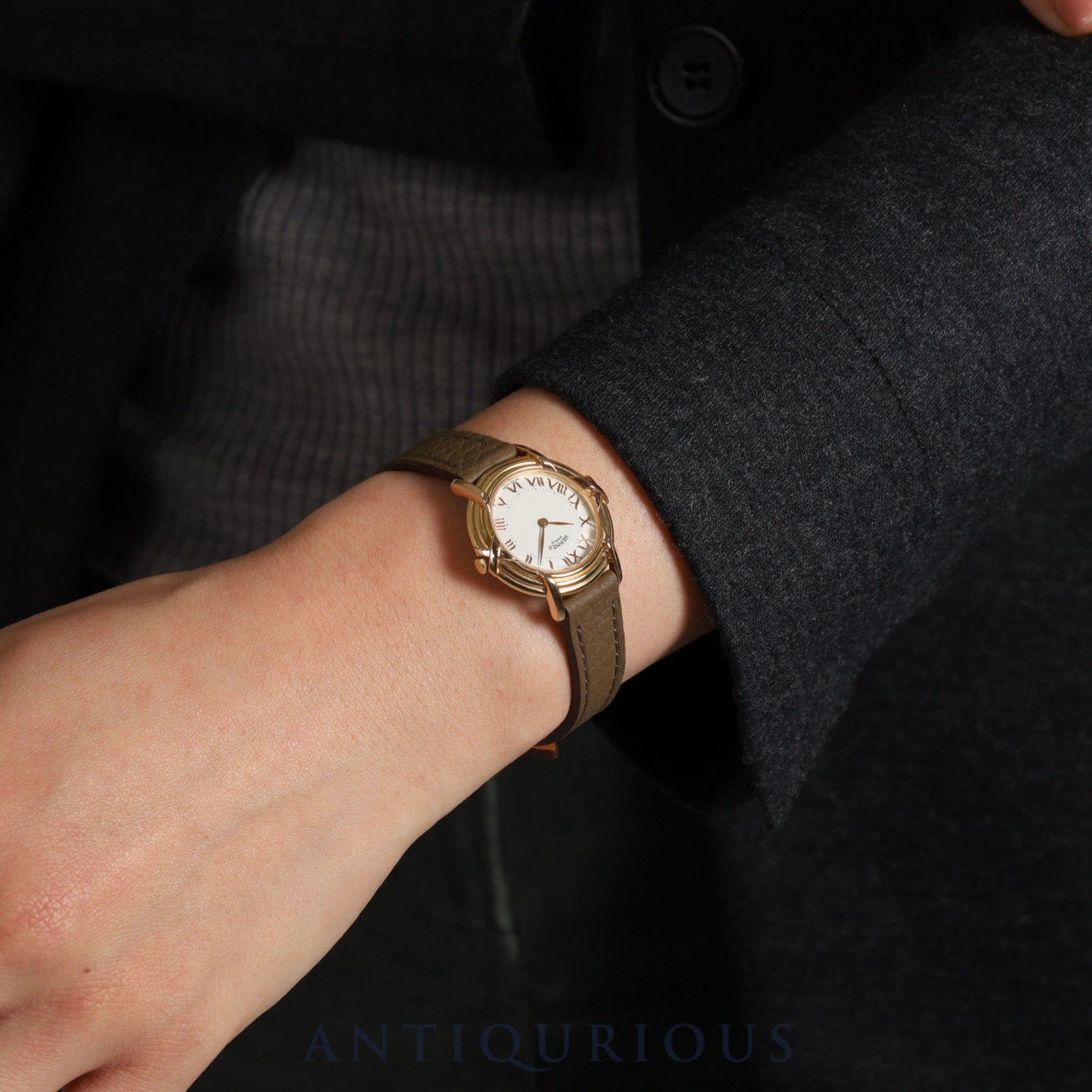 Hermes Ruban 06.32 Quartz Cal.976.001 YG Leather Genuine Buckle (GP) White Dial Overhauled
