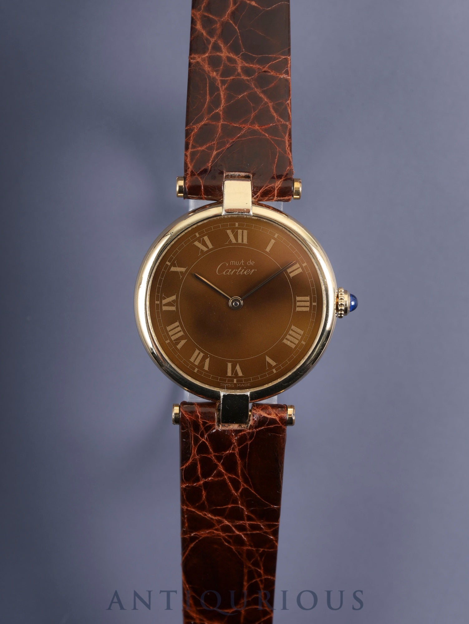 カルティエ マスト ヴァンドーム VLC LM 17 クォーツ SV925 革 純正尾錠(GP)マホガニー文字盤 保証書(1982年) カルティエブティックにてコンプリートサービス済み