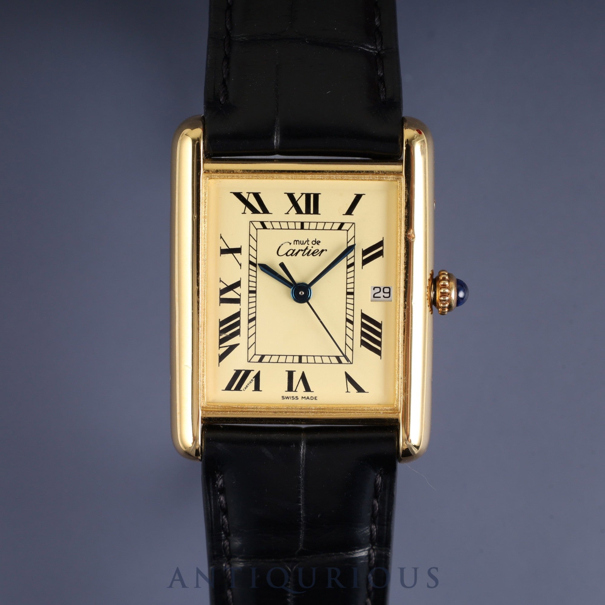 Cartier Must Tank GM (XL) 2413 Quartz Caliber 687 SV925 with Genuine Leather Strap and Genuine D-Buckle (GP), Ivory Roman Dial, Overhauled