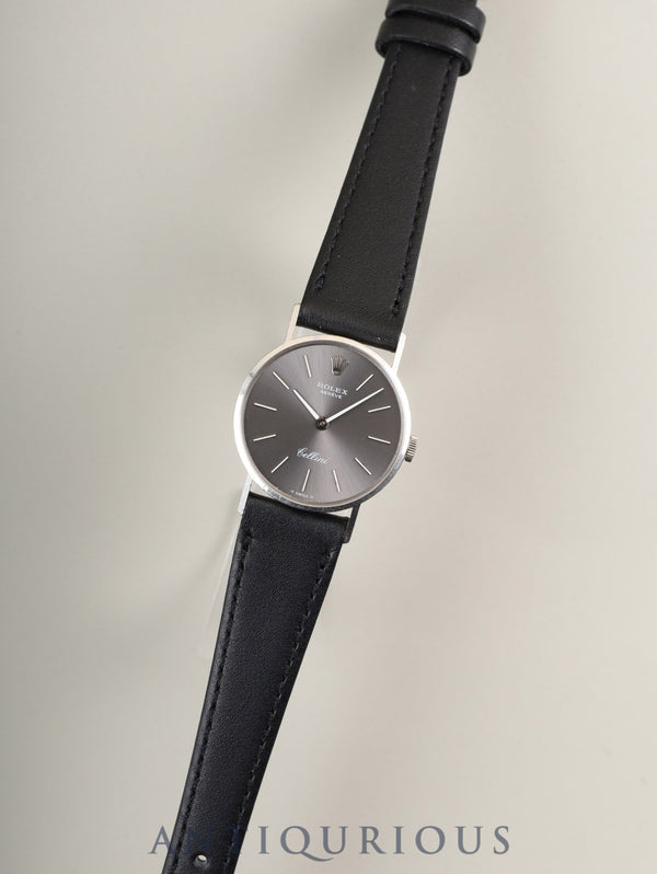 Rolex Cellini 3810 manual winding Cal. 1600 750WG leather watch with genuine buckle (GP), gray dial, 36 series (1972), booklet, warranty card (1976), custom holed.