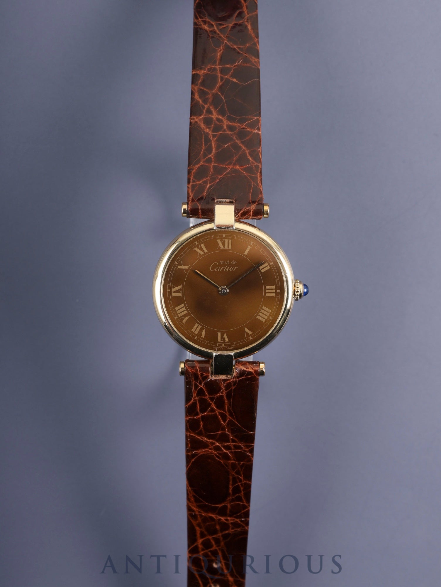 カルティエ マスト ヴァンドーム VLC LM 17 クォーツ SV925 革 純正尾錠(GP)マホガニー文字盤 保証書(1982年) カルティエブティックにてコンプリートサービス済み