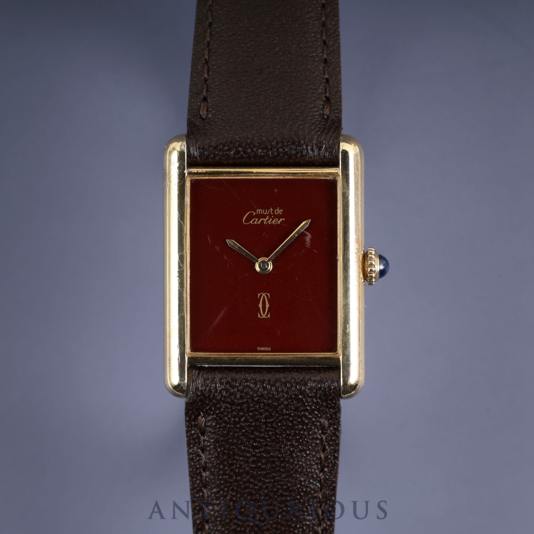 カルティエ マストタンク LM 手巻き Cal.78-1 SV925 革 純正尾錠(GP)ボルドー文字盤 ガーネットダイアル オーバーホール済み