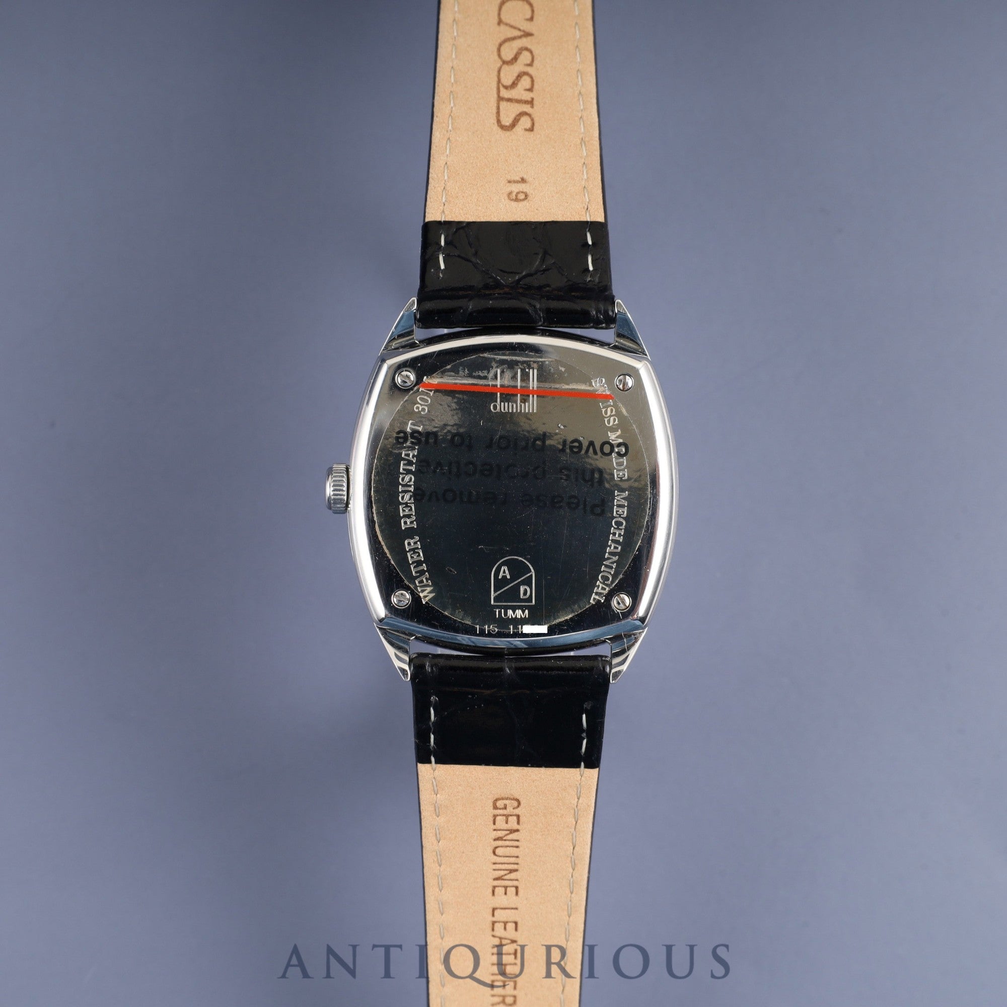 ダンヒル センテナリー クッションケース 115 手巻き Cal.7001 革 純正尾錠(SS)シルバーアラビア文字盤 箱 保証書(1996年)オーバーホール済み