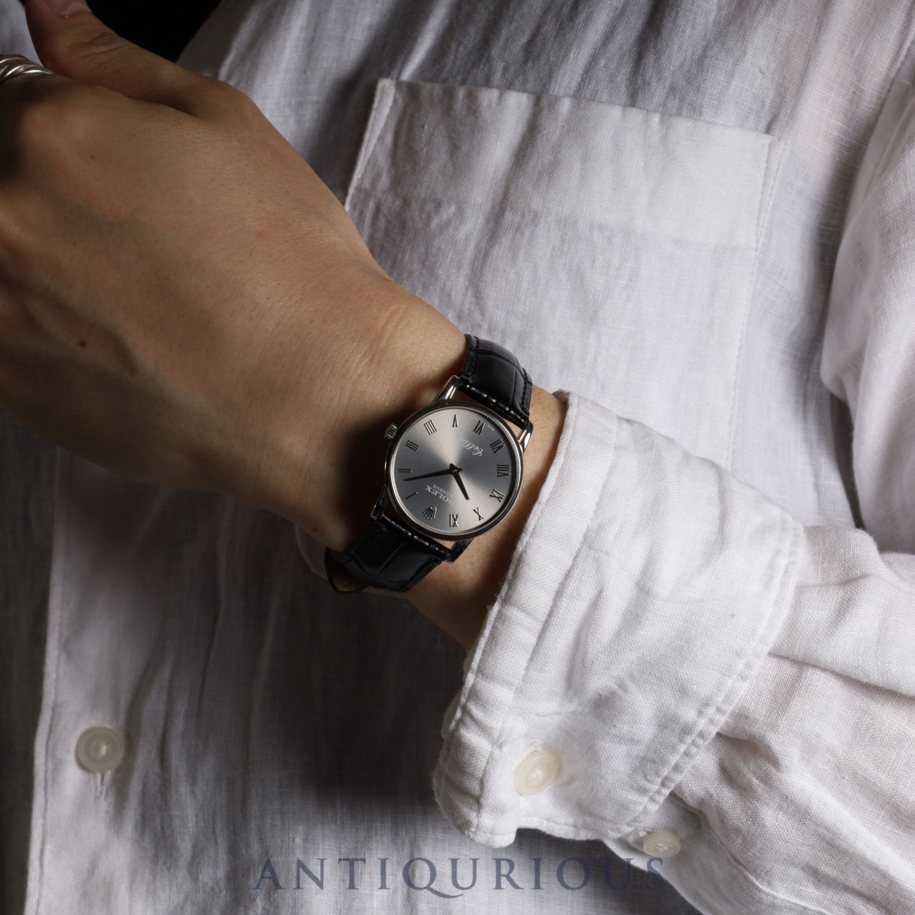 ロレックス チェリーニ 5116/9 手巻き Cal.1602 750 革 純正尾錠(750) グレーローマン文字盤 箱 保証書(2011年) オーバーホール済み