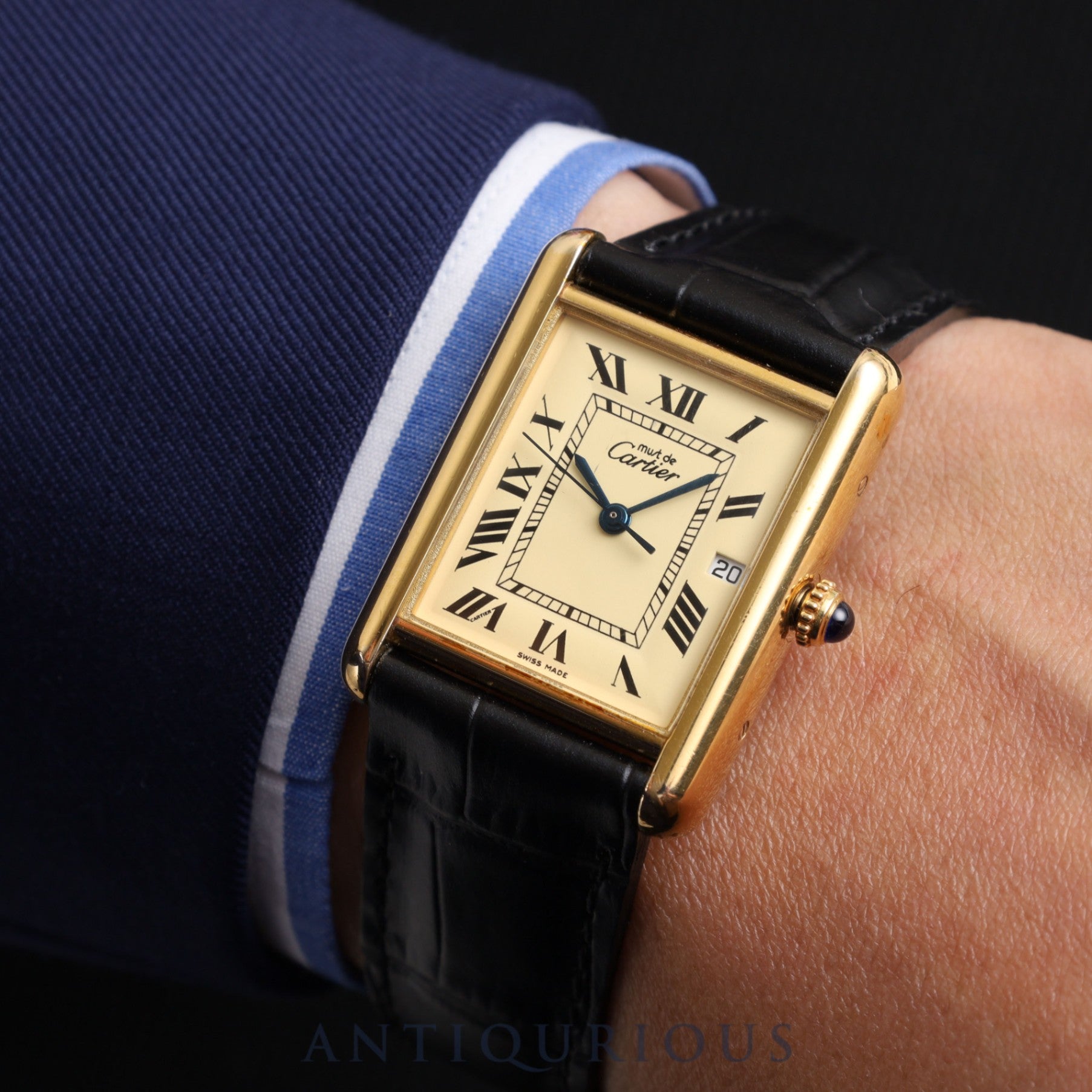 Cartier Must Tank GM (XL) W1017454 / 2413 Quartz Cal.687 SV925 Leather Genuine Buckle (GP) Ivory Roman Dial Overhauled
