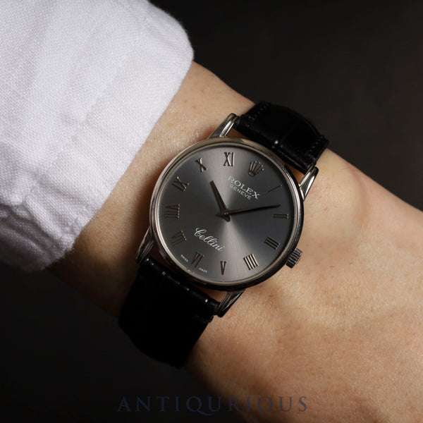 ロレックス チェリーニ 5116/9 手巻き Cal.1602 750 革 純正尾錠(750) グレーローマン文字盤 箱 保証書(2011年) オーバーホール済み