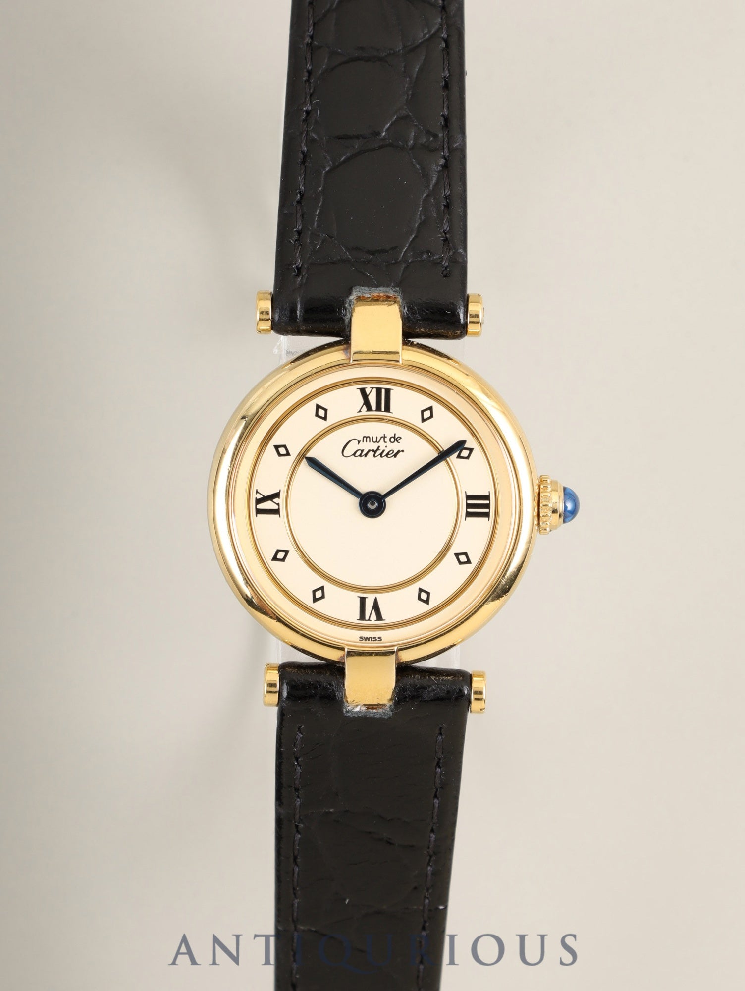 カルティエ マスト ヴァンドーム VLC SM 590004 クォーツ Cal.690 SV925 革 純正尾錠(GP)アイボリー4点ローマン文字盤 箱 冊子 保証書(1993年)オーバーホール済み