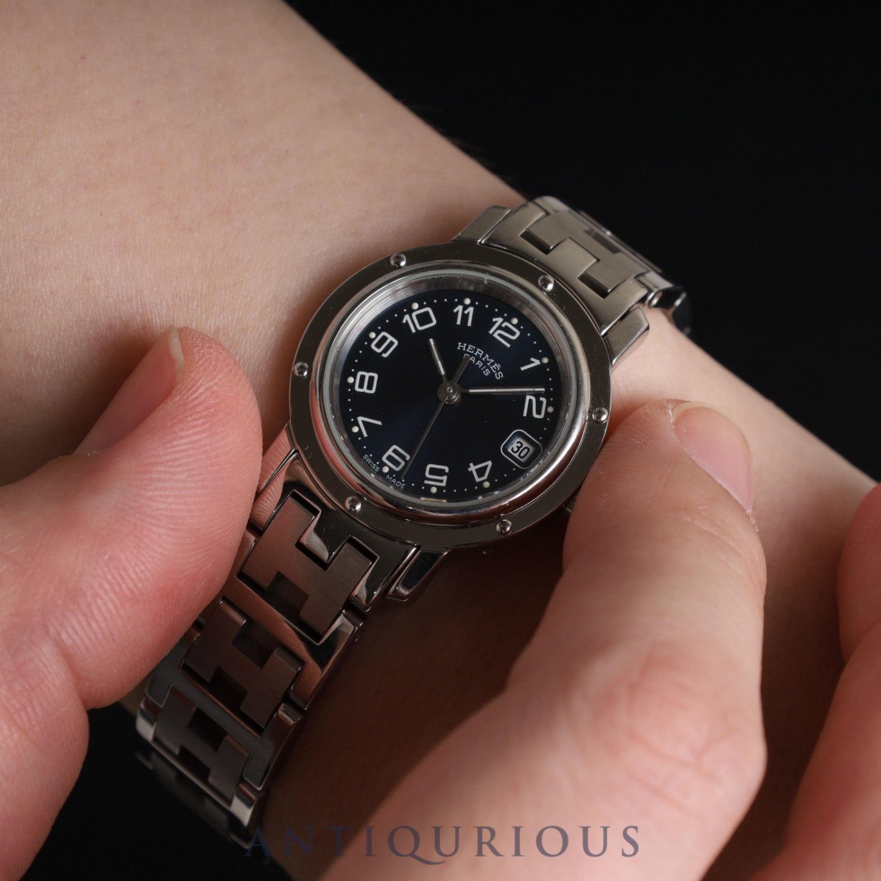 エルメス クリッパー CL4.210 クォーツ SS SS ブルーアラビア文字盤 箱 保証書(2002年)オーバーホール済み