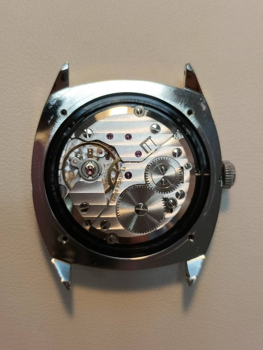 ダンヒル センテナリー クッションケース 115 手巻き Cal.7001 革 純正尾錠(SS)シルバーアラビア文字盤 箱 保証書(1996年)オーバーホール済み