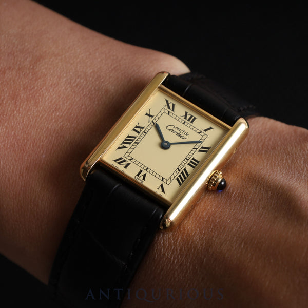 カルティエ マストタンク LM 590005 クォーツ Cal.90 SV925 革 純正尾錠(GP) アイボリーローマン文字盤 オーバーホール済み