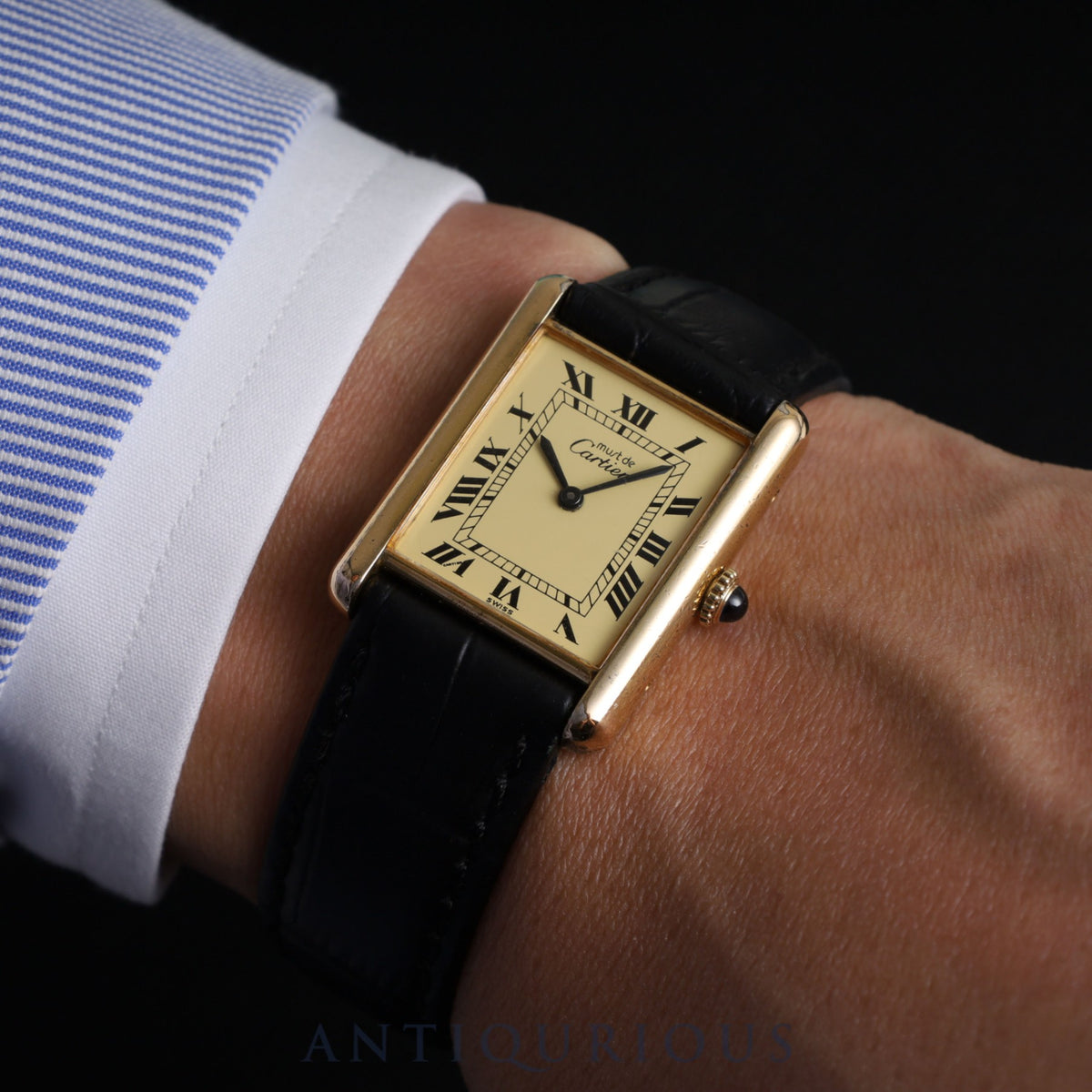 Cartier Must Tank LM Manual winding Cal.78-1 SV925 Leather Genuine buckle (GP) Ivory Roman dial Box Booklet Overhauled