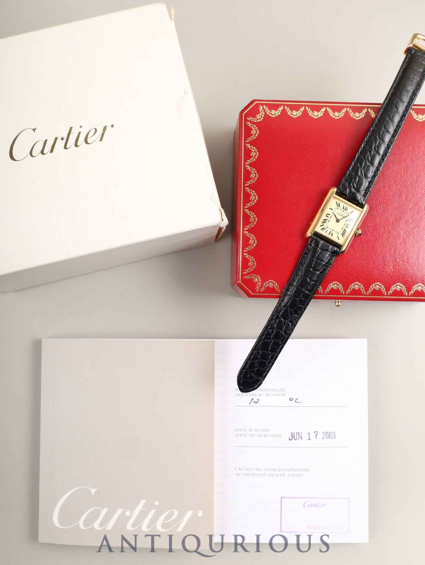 カルティエ マストタンク MM 2415 クォーツ Cal.057 SV925 革 純正Dバックル (GP)アイボリーローマン文字盤(SWISS MADE表記)箱 冊子 保証書(2003年)オーバーホール済み