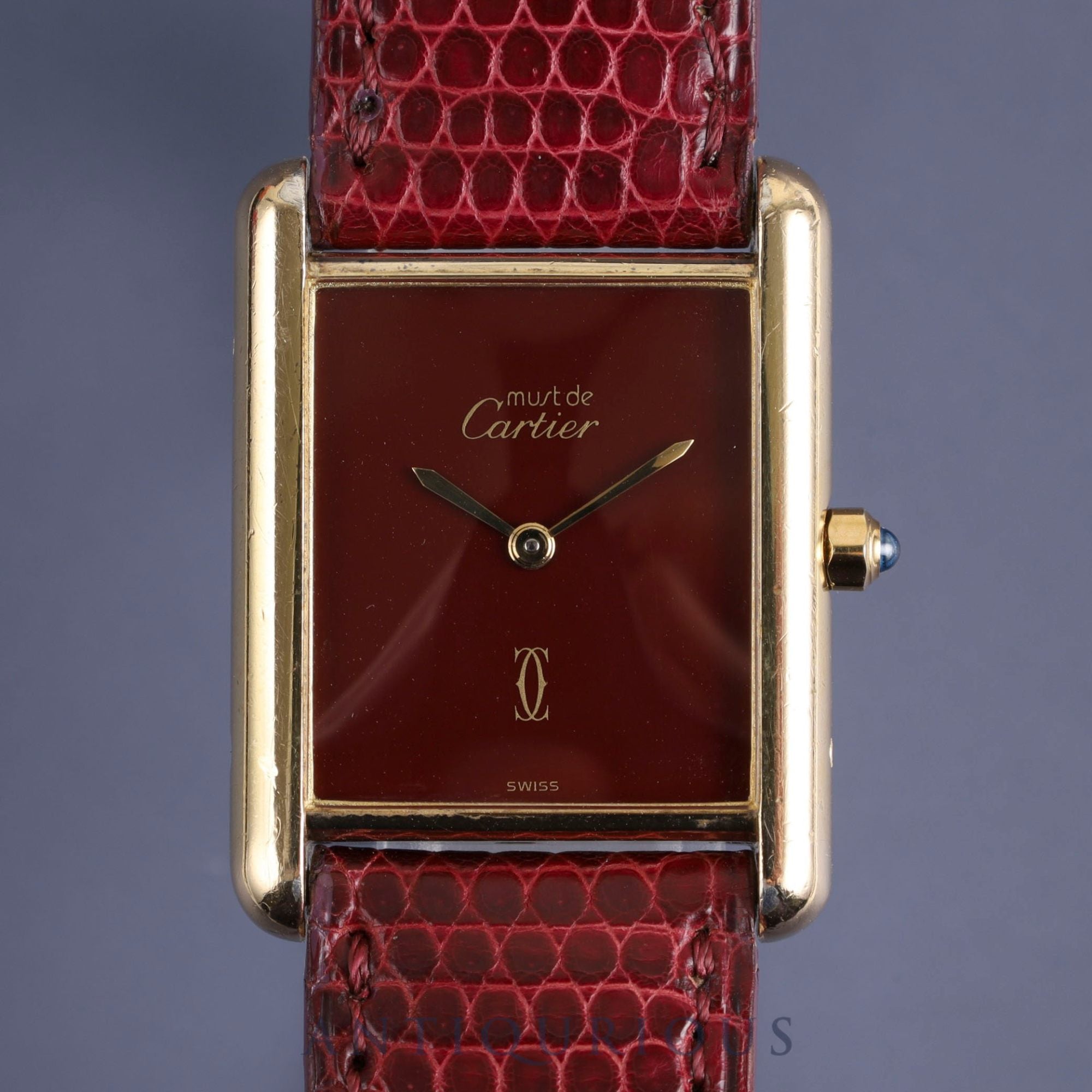 カルティエ マストタンク LM 681006 クォーツ Cal.81 SV925 純正革ベルト 純正尾錠(GP) ボルドー文字盤 箱 冊子 オーバーホール済み