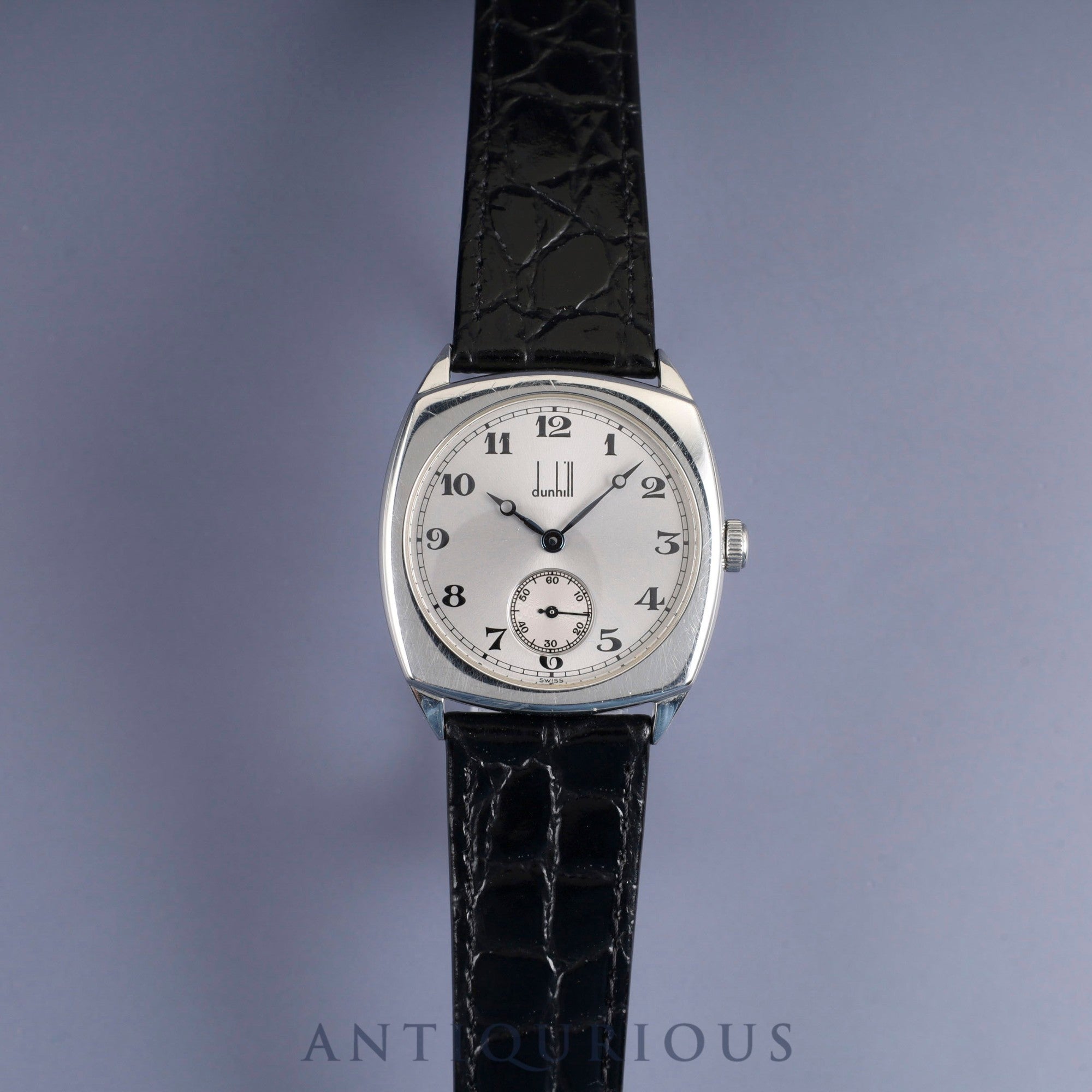 ダンヒル センテナリー クッションケース 115 手巻き Cal.7001 革 純正尾錠(SS)シルバーアラビア文字盤 箱 保証書(1996年)オーバーホール済み