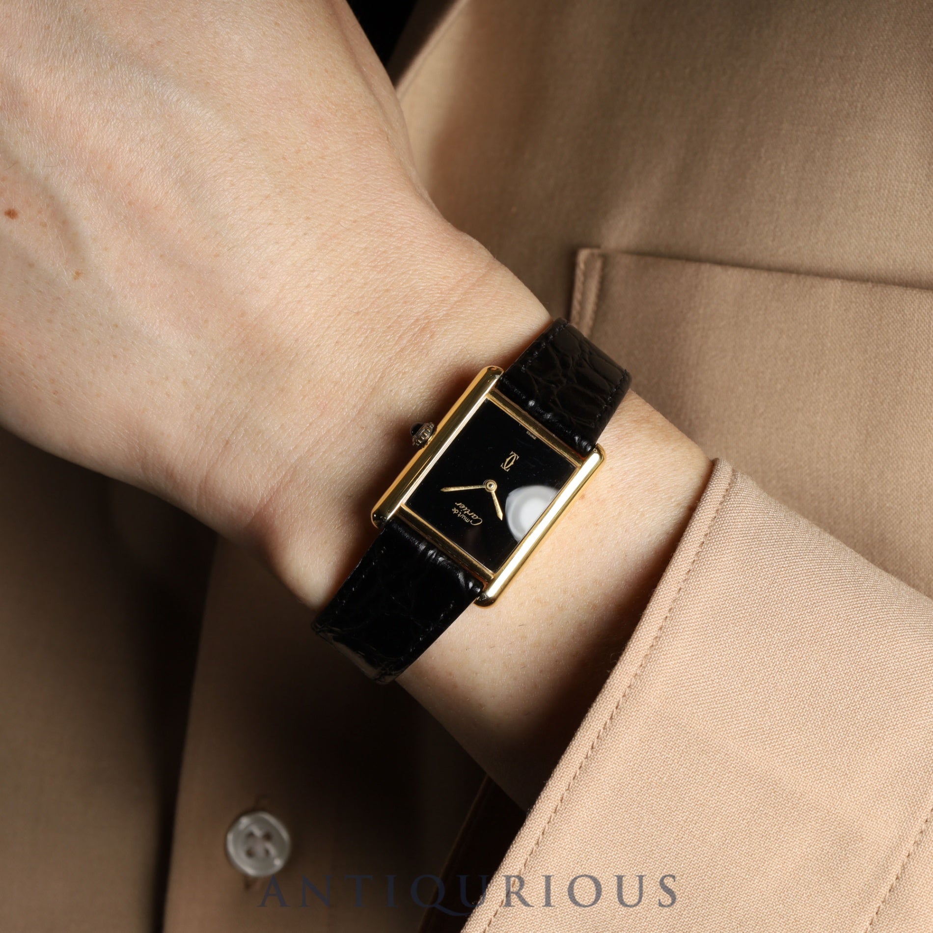 カルティエ マストタンク LM 手巻き Cal.78-1 SV925 革 純正尾錠(GP) オニキス文字盤 オーバーホール済み 新品仕上げ済み