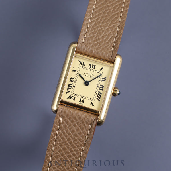 Cartier Must Tank SM 366001 Quartz Cal.66 SV925 Leather Genuine Buckle (GP) Ivory Roman Dial Overhauled and Finished to Like New