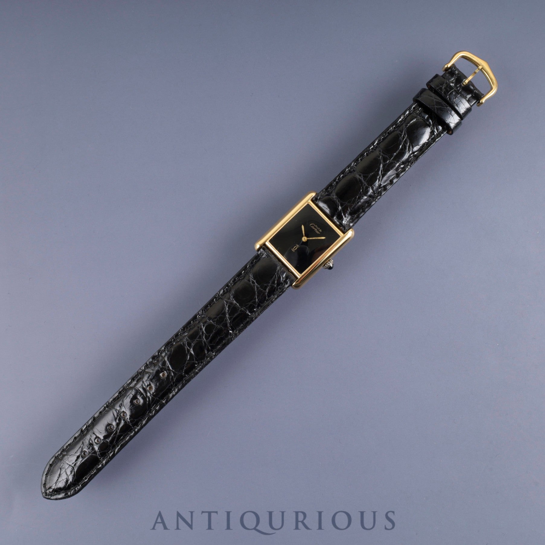 Cartier Must Tank LM Manual Winding Caliber 78-1 SV925 Leather Strap with Genuine GP Buckle, Onyx Dial, Circa 1976-1981, Overhauled and Finished to Like New