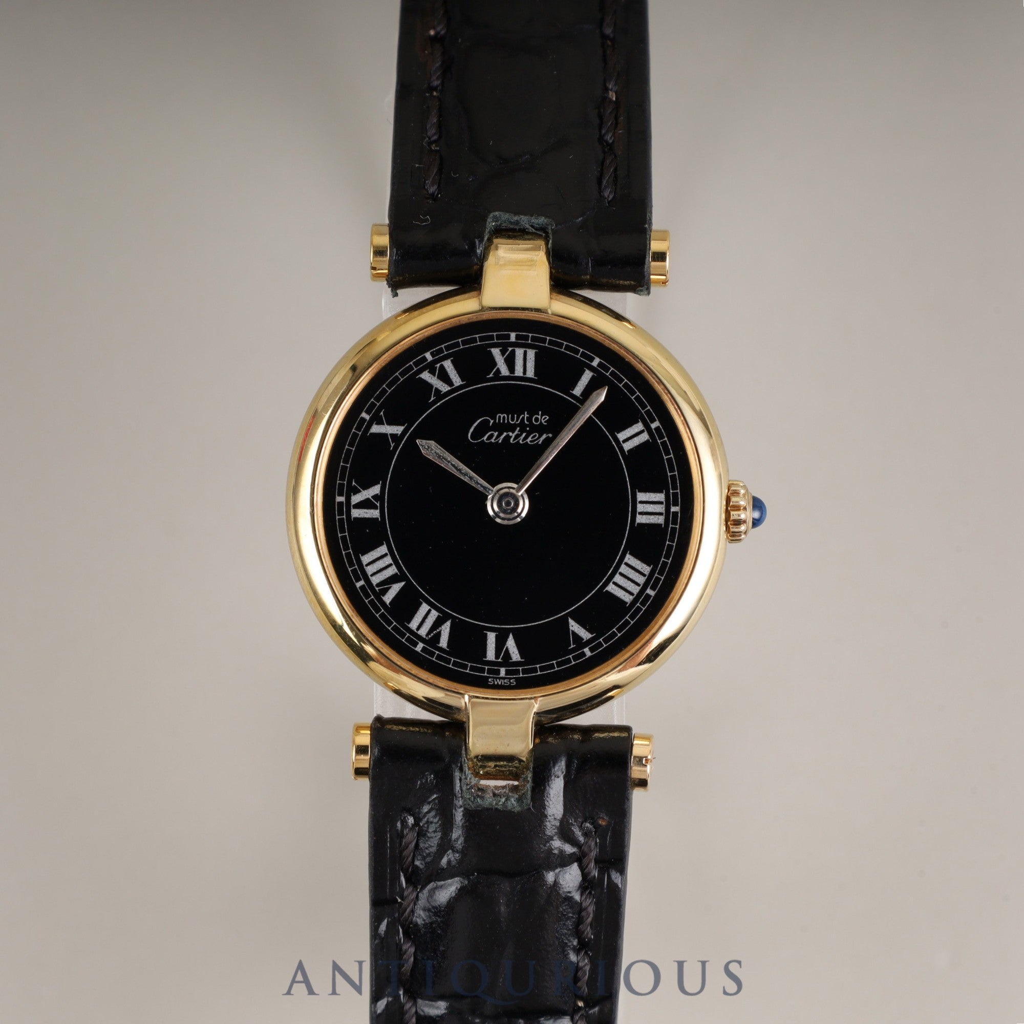 Cartier Must Vendôme VLC SM Quartz Cal.81 SV925 Leather Strap with Genuine GP Buckle, Black Roman Dial, Overhauled