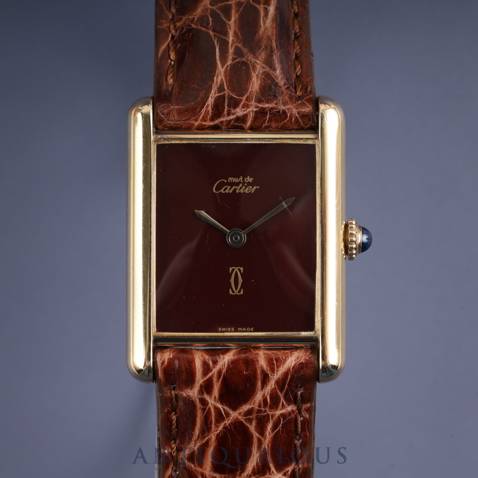 Cartier Must Tank LM Manual Winding Caliber 78-1 SV925 Leather Strap with Genuine GP Buckle, Garnet Dial, Bordeaux Dial, Overhauled
