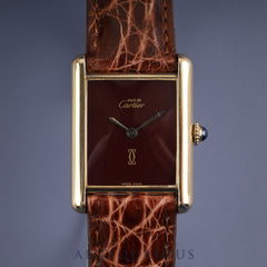 Cartier Must Tank LM Manual Winding Caliber 78-1 SV925 Leather Strap with Genuine GP Buckle, Garnet Dial, Bordeaux Dial, Overhauled