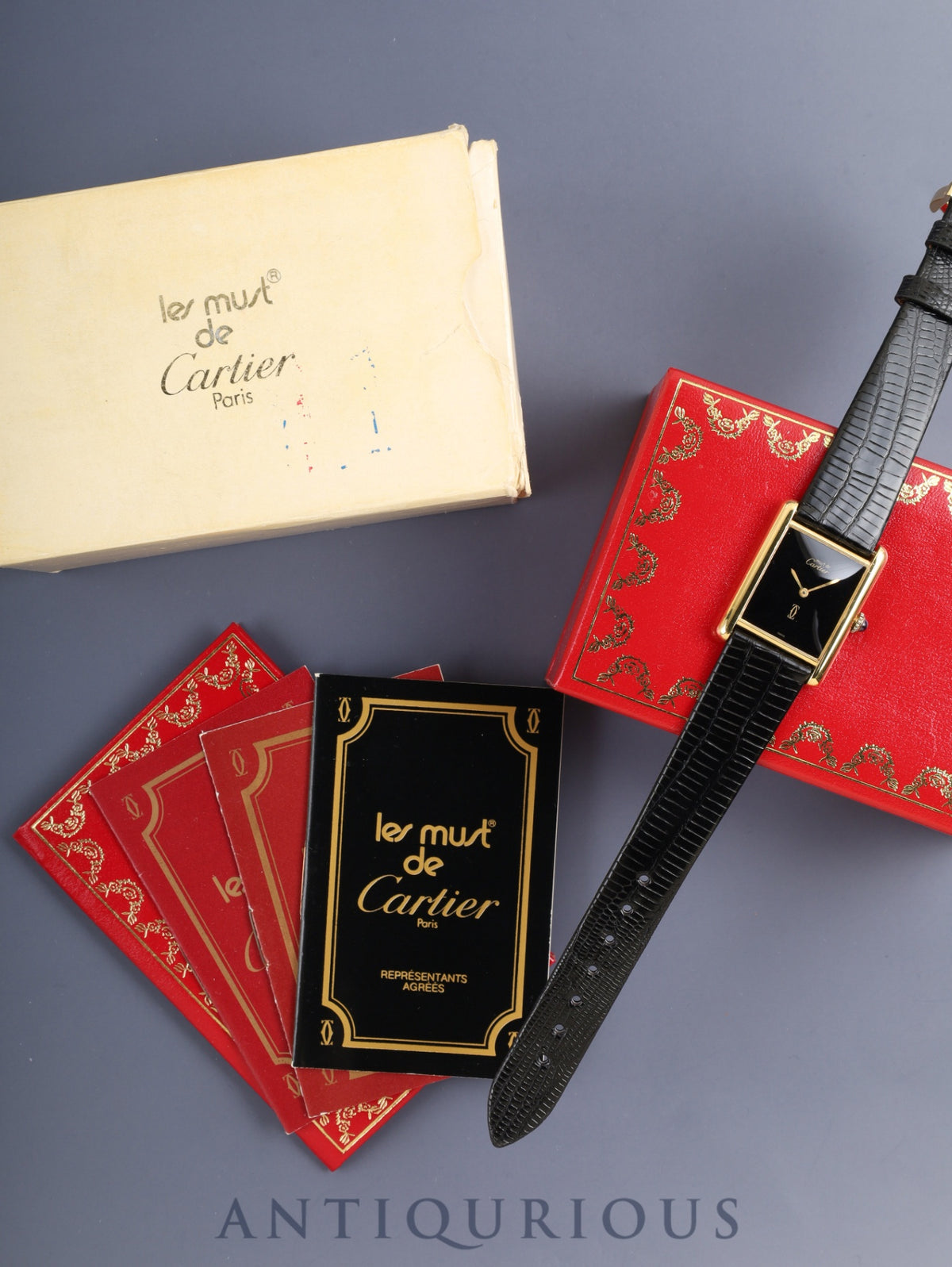 Cartier Must Tank LM, manual winding, Cal. 78-1, SV925, leather strap, original pin buckle (GP), onyx dial (SWISS marking), recently overhauled and polished.