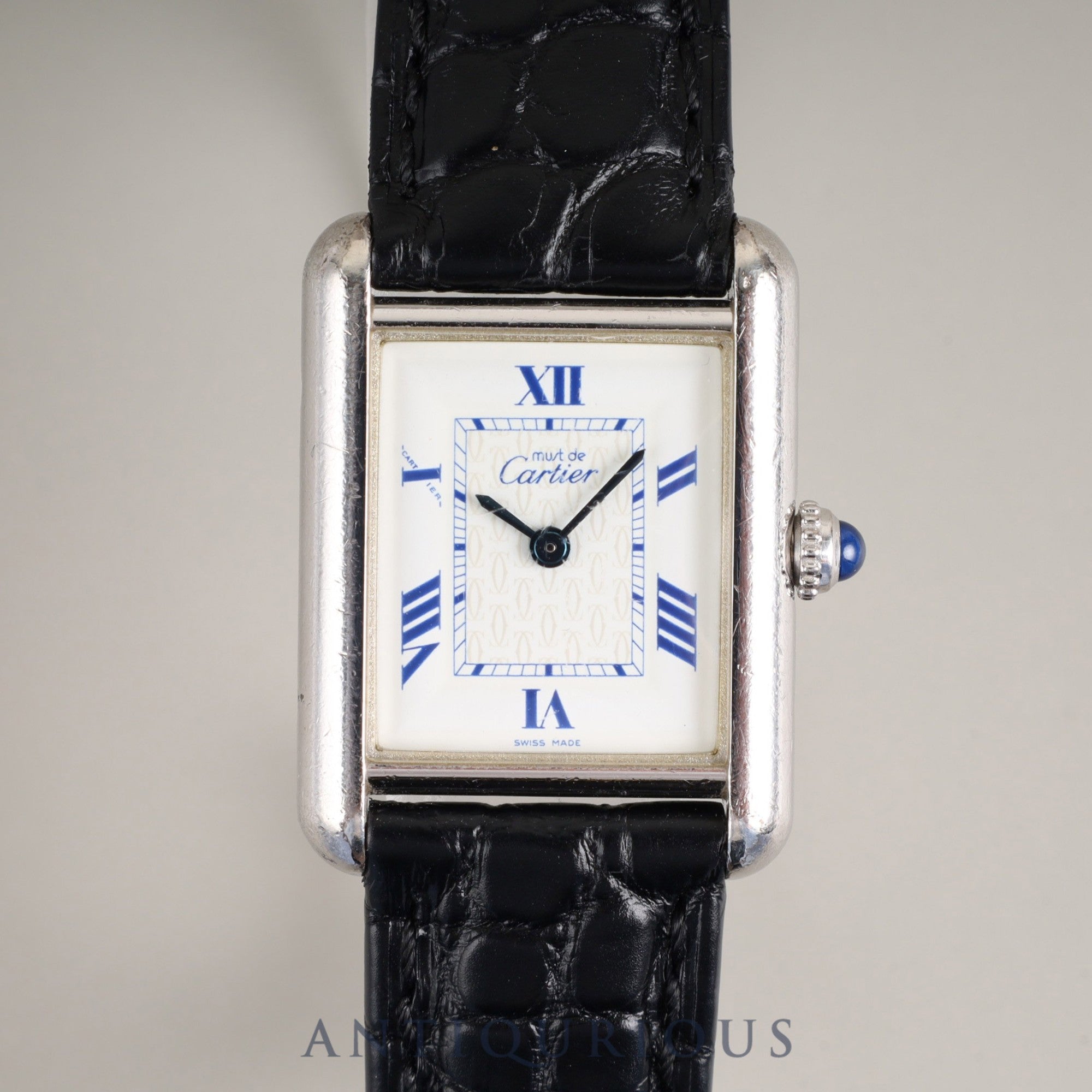 Cartier Must Tank MM 2416 Quartz Caliber 057 SV925 Leather Strap with Genuine Stainless Steel Buckle, White Roman Dial, Overhauled