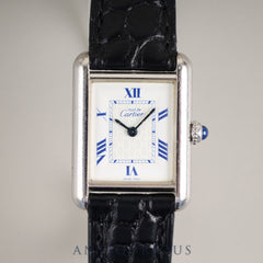 Cartier Must Tank MM 2416 Quartz Caliber 057 SV925 Leather Strap with Genuine Stainless Steel Buckle, White Roman Dial, Overhauled