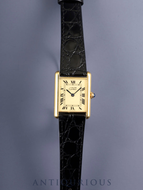 Cartier Must Tank LM 590005 Quartz Caliber - SV925 Leather Strap with Genuine GP Buckle, Ivory Roman Dial (SWIIS MADE Marked), Newly Polished, Completely Serviced at a Cartier Boutique