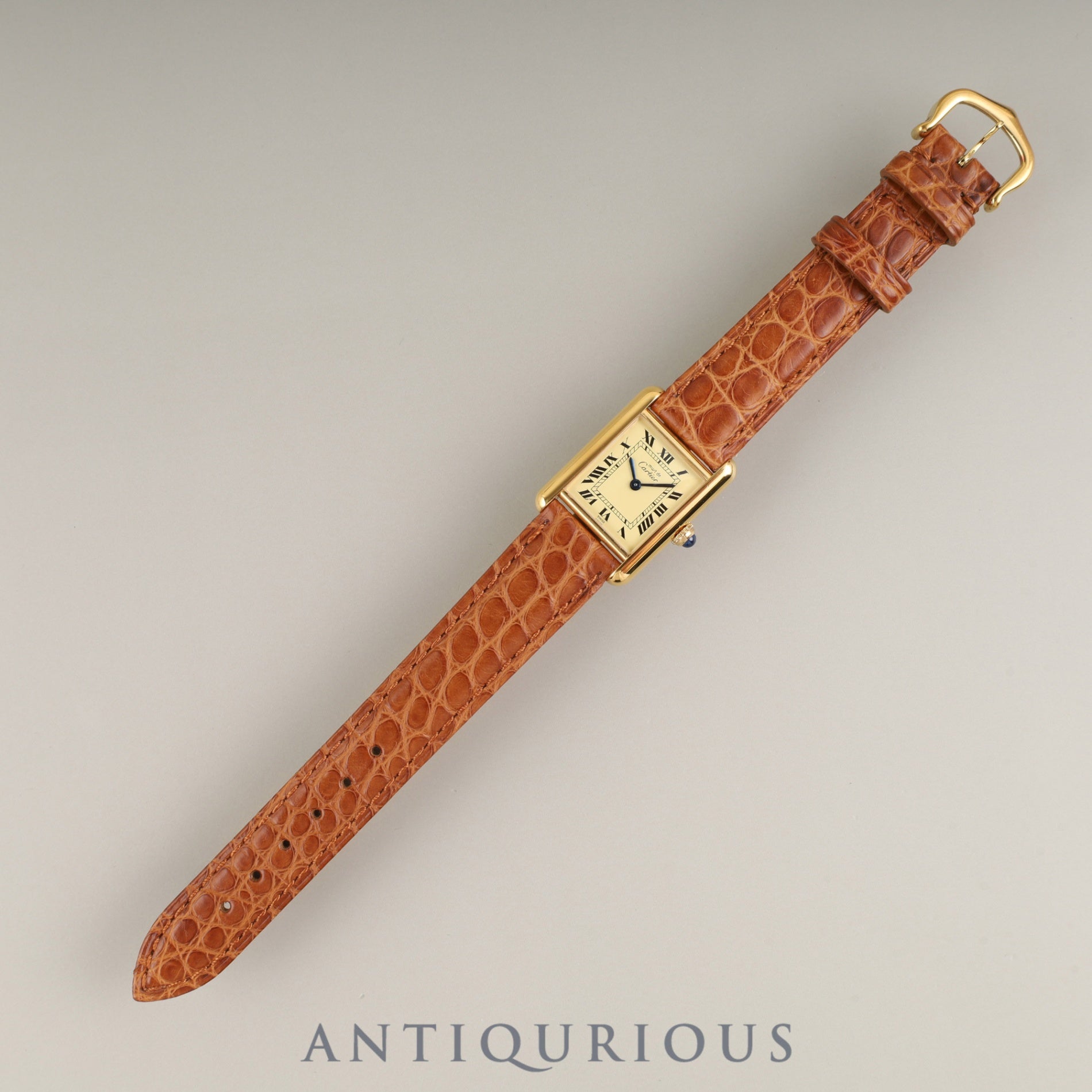 Cartier Must Tank SM 5057001 Quartz Caliber 057 SV925 Leather Strap with Genuine GP Buckle Ivory Roman Dial Overhauled and Finished to Look Like New