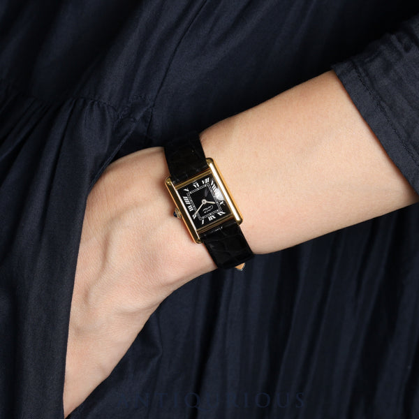 カルティエ マストタンクSM 手巻き Cal.78-1 925 革 純正尾錠(GP)ブラックローマン文字盤 オーバーホール済み