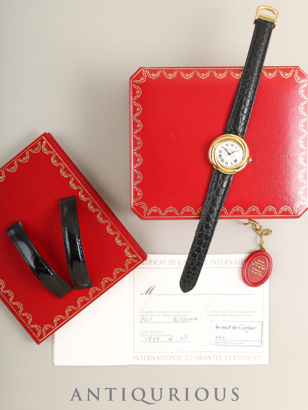 カルティエ マストトリニティ W1010644 / 2735 クォーツ SV925 革 純正Dバックル(GP)シルバーローマン文字盤 箱 保証書(1999年)冊子 タグ 純正レザーベルト付き カルティエブティックにてコンプリートサービス済み