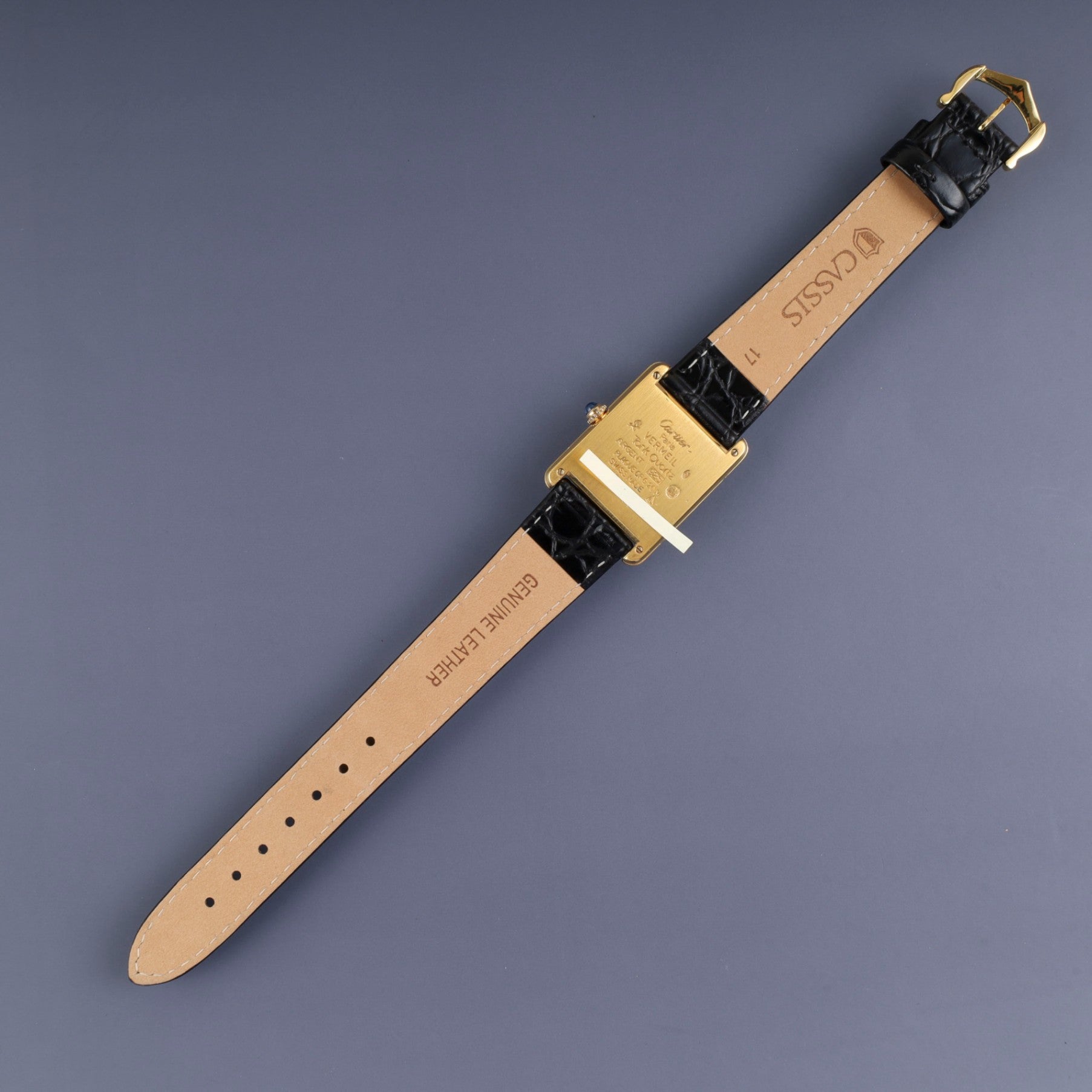 Cartier Must Tank LM 590005 Quartz Caliber 90 SV925 Leather Strap with Genuine GP Buckle, Black Roman Dial, Overhauled and Finished to Look Like New