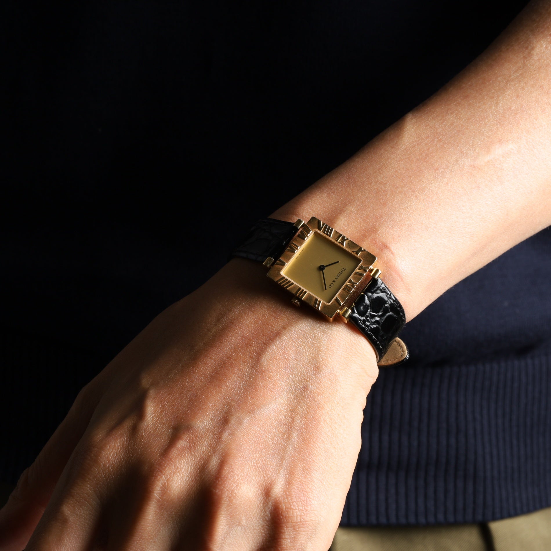 ティファニー アトラススクエア T976 001 L3630 クォーツ Cal.976.001 750 革 純正尾錠(GP) ゴールド文字盤 箱 ケース 冊子 保証書(1996年)オーバーホール済み