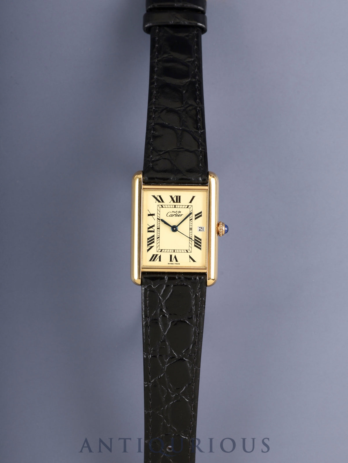 Cartier Must Tank GM (XL) 2413 Quartz Caliber 687 SV925 Leather Strap with Genuine GP Buckle, Ivory Roman Dial (SWISS MADE Marking), Overhauled