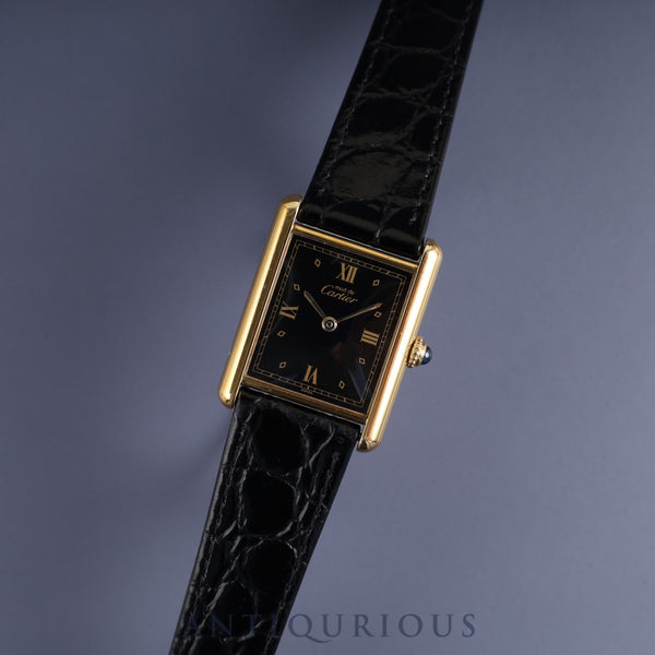 Cartier Must Tank LM 590005 Quartz Caliber 90 SV925 Leather Strap with Genuine GP Buckle, Black Roman Dial, Overhauled
